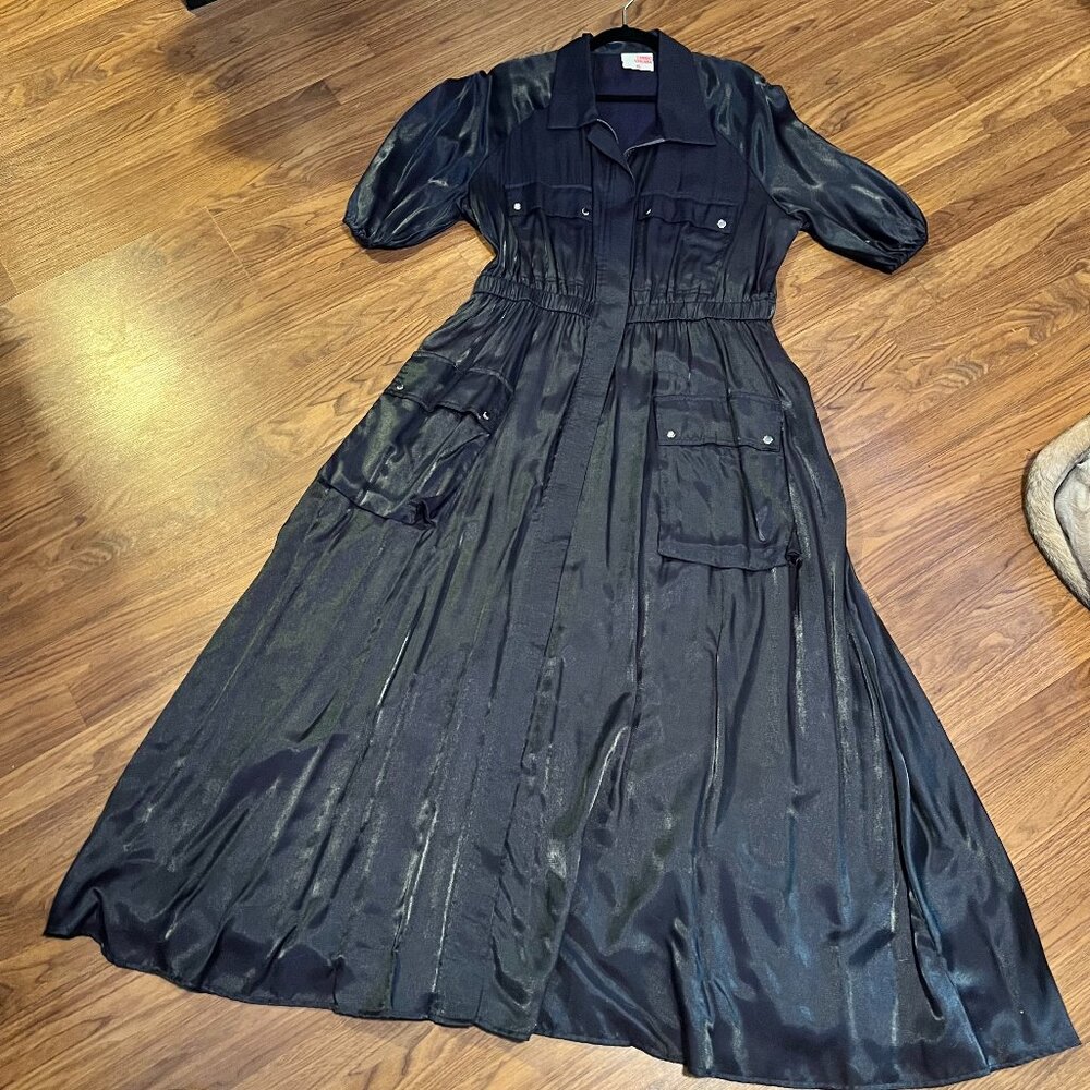 Designer Samant Chauhan, black metallic, satiny cargo maxi dress with pockets!